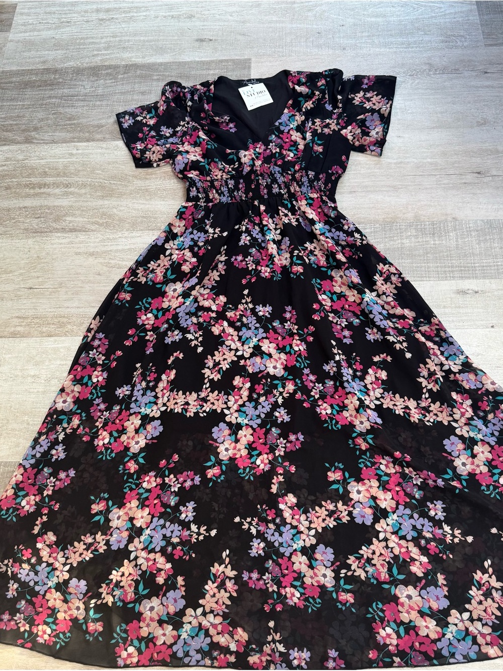 Floral Black Maxi Dress with Pink & Purple Blossoms